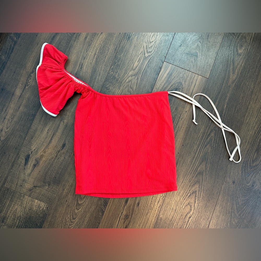 Frankie’s Bikinis Women’s One Shoulder Textured Red Flame Tankini Top Size S